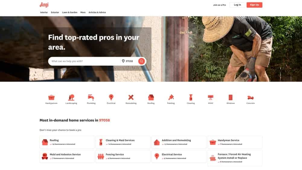 Screenshot of Angi Pro website homepage
