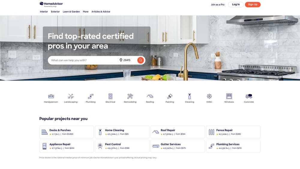 Screenshot of HomeAdvisor Pro website homepage
