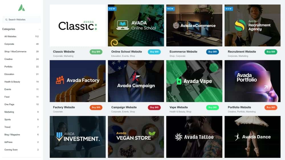 Screenshot of Avada website homepage