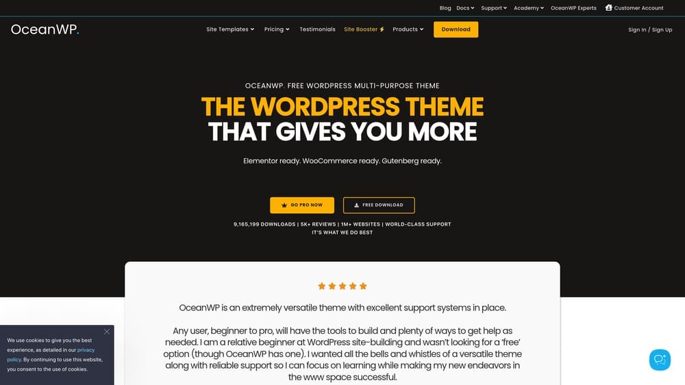 Screenshot of OceanWP website homepage