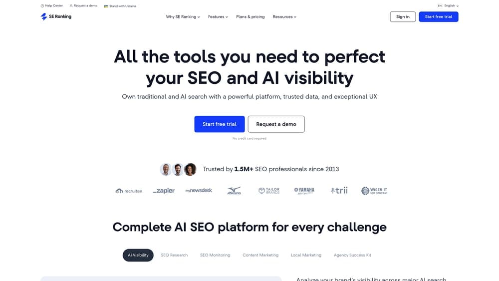 Screenshot of SE Ranking website homepage