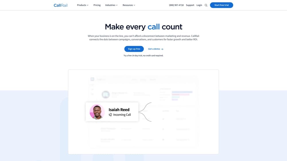 Screenshot of CallRail website homepage