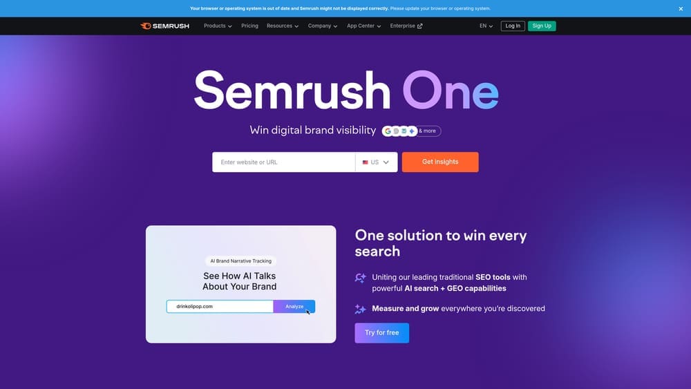 Screenshot of Semrush website homepage
