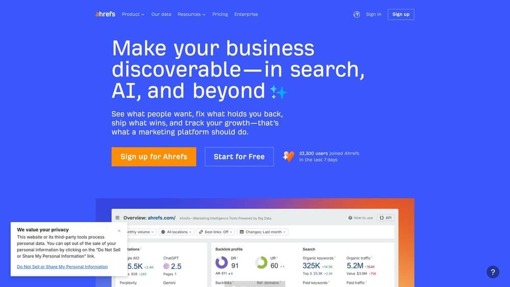 Screenshot of Ahrefs website homepage