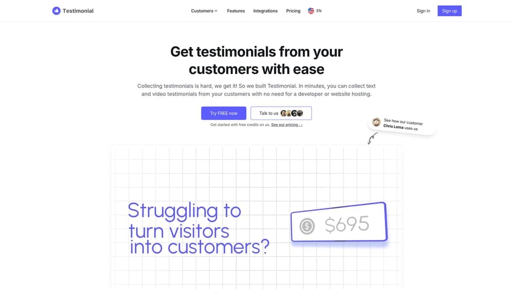 Screenshot of Testimonial website homepage