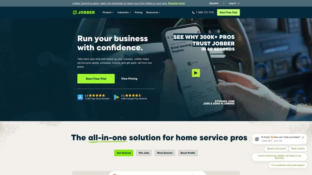 Screenshot of Jobber website homepage