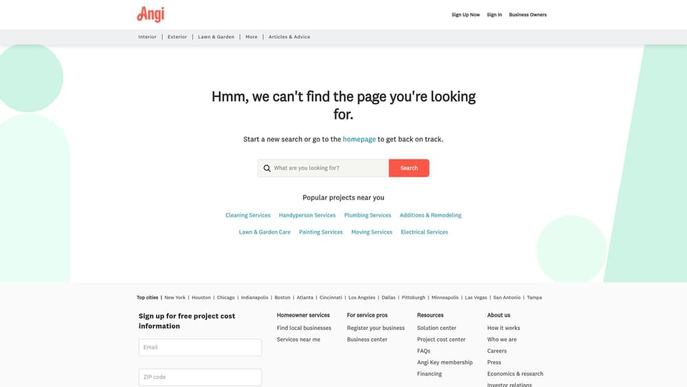 Screenshot of Angi website
